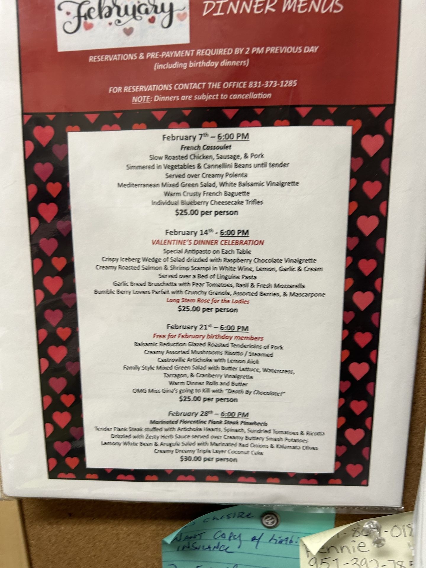 Valentine's dinner celebration menu